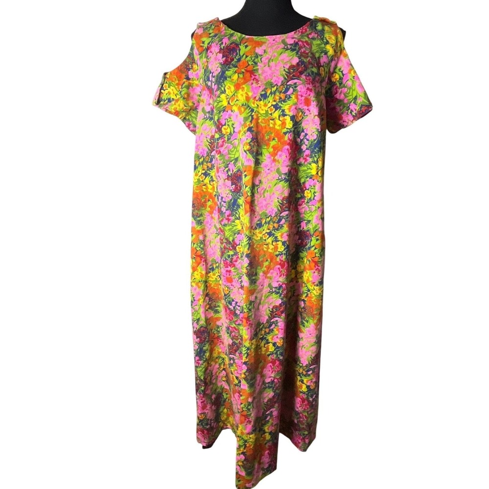 Vtg 60s /70s Karen Ann Hawaiian Dress Barkcloth Psychedelic Floral Long maxi